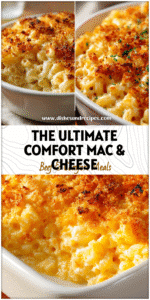 Close-up of creamy baked macaroni and cheese with golden crust in a white baking dish.